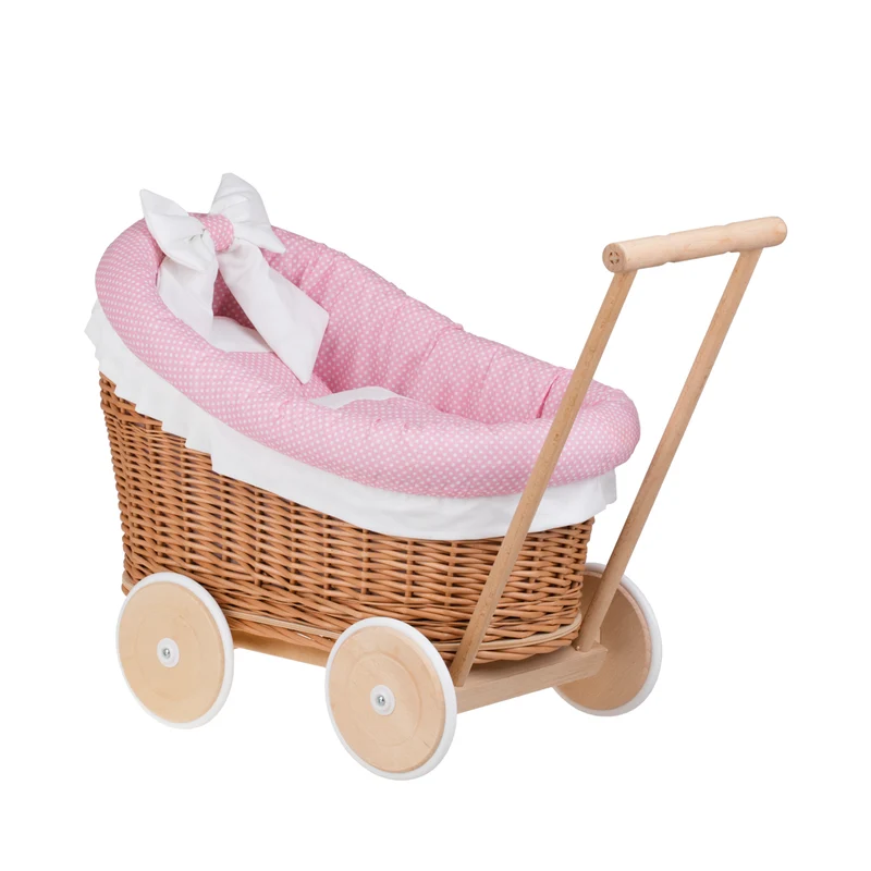 Luna wicker doll stroller with pink trim, blanket, and pillow TheWickerStories