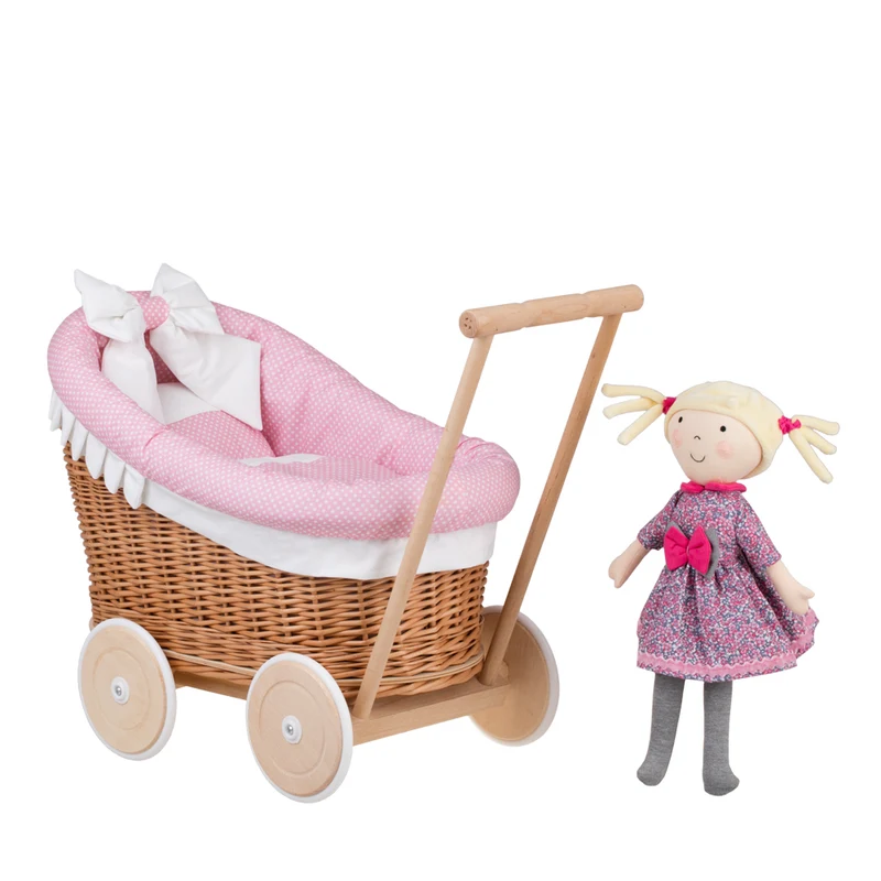 Luna wicker doll stroller with pink trim, blanket, and pillow TheWickerStories