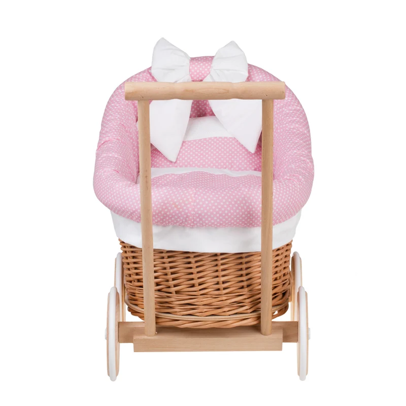 Luna wicker doll stroller with pink trim, blanket, and pillow TheWickerStories