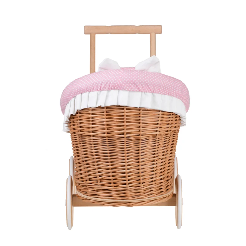 Luna wicker doll stroller with pink trim, blanket, and pillow TheWickerStories
