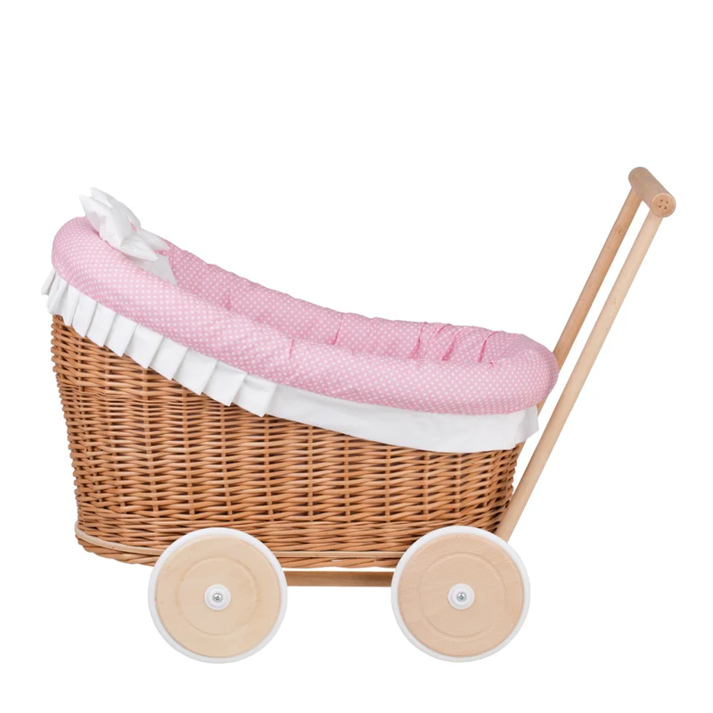 Luna wicker doll stroller with pink trim, blanket, and pillow TheWickerStories