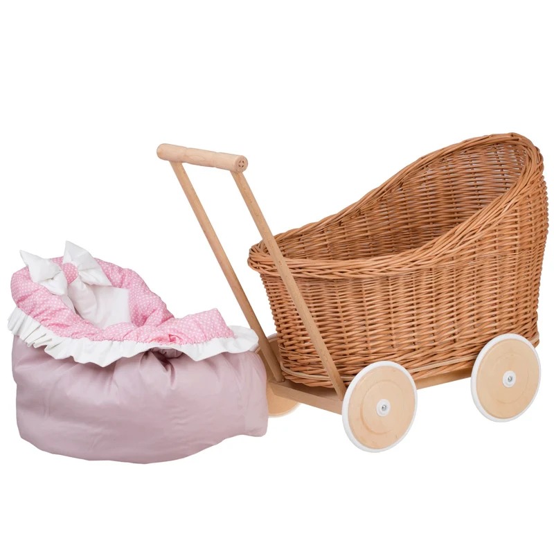Luna wicker doll stroller with pink trim, blanket, and pillow TheWickerStories