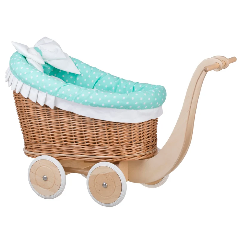 Luna wicker doll stroller with mint trim, blanket, and pillow TheWickerStories