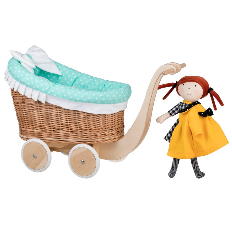 Luna wicker doll stroller with mint trim, blanket, and pillow TheWickerStories