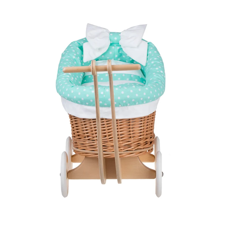 Luna wicker doll stroller with mint trim, blanket, and pillow TheWickerStories