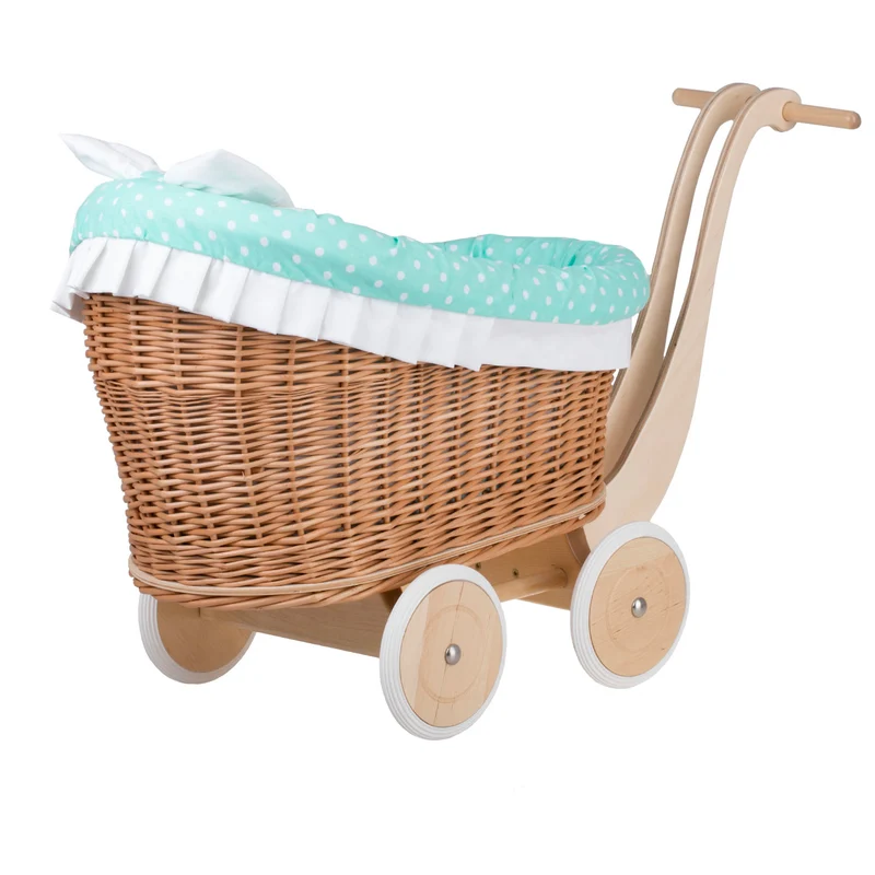 Luna wicker doll stroller with mint trim, blanket, and pillow TheWickerStories