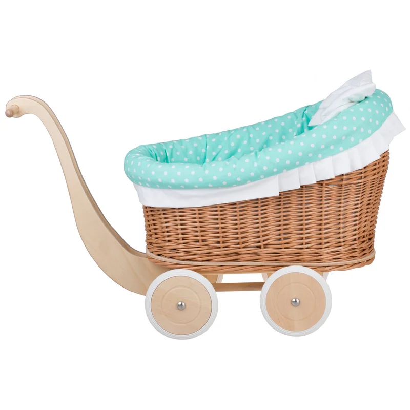 Luna wicker doll stroller with mint trim, blanket, and pillow TheWickerStories