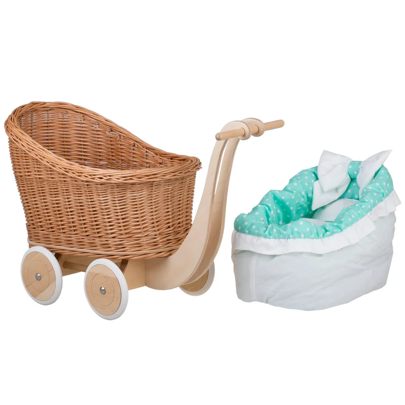 Luna wicker doll stroller with mint trim, blanket, and pillow TheWickerStories