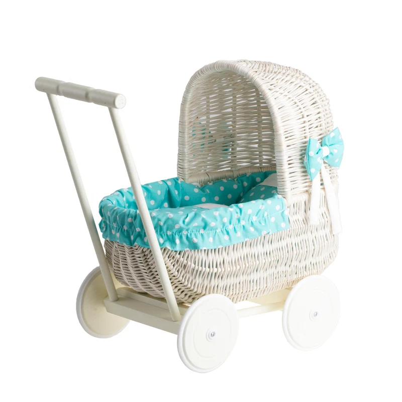 Lala wicker doll stroller with mint trim, blanket and pillow TheWickerStories