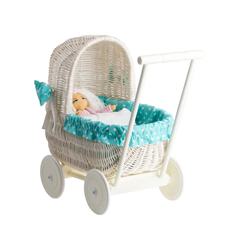 Lala wicker doll stroller with mint trim, blanket and pillow TheWickerStories