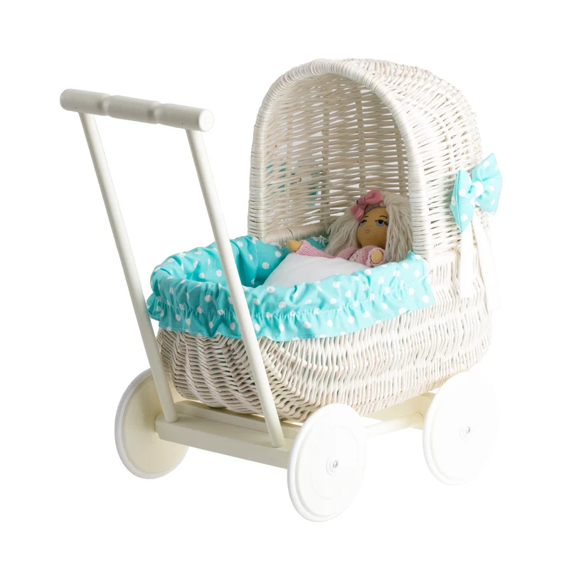 Lala wicker doll stroller with mint trim, blanket and pillow TheWickerStories