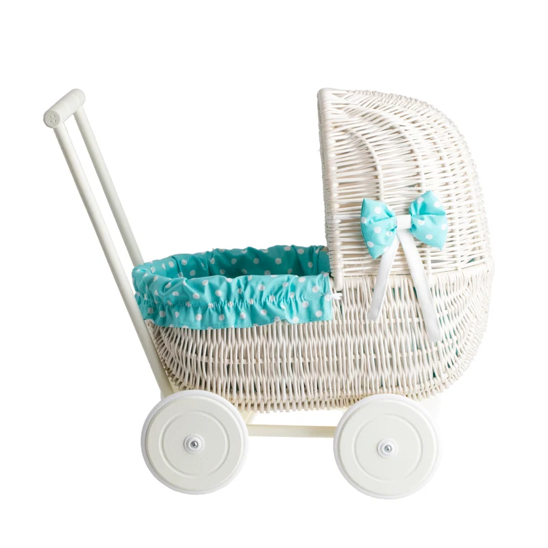 Lala wicker doll stroller with mint trim, blanket and pillow TheWickerStories
