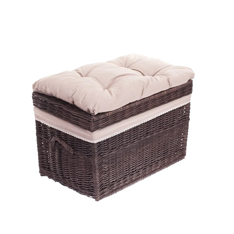 Kogia wicker basket with beige trim, cushion, handles and lid TheWickerStories