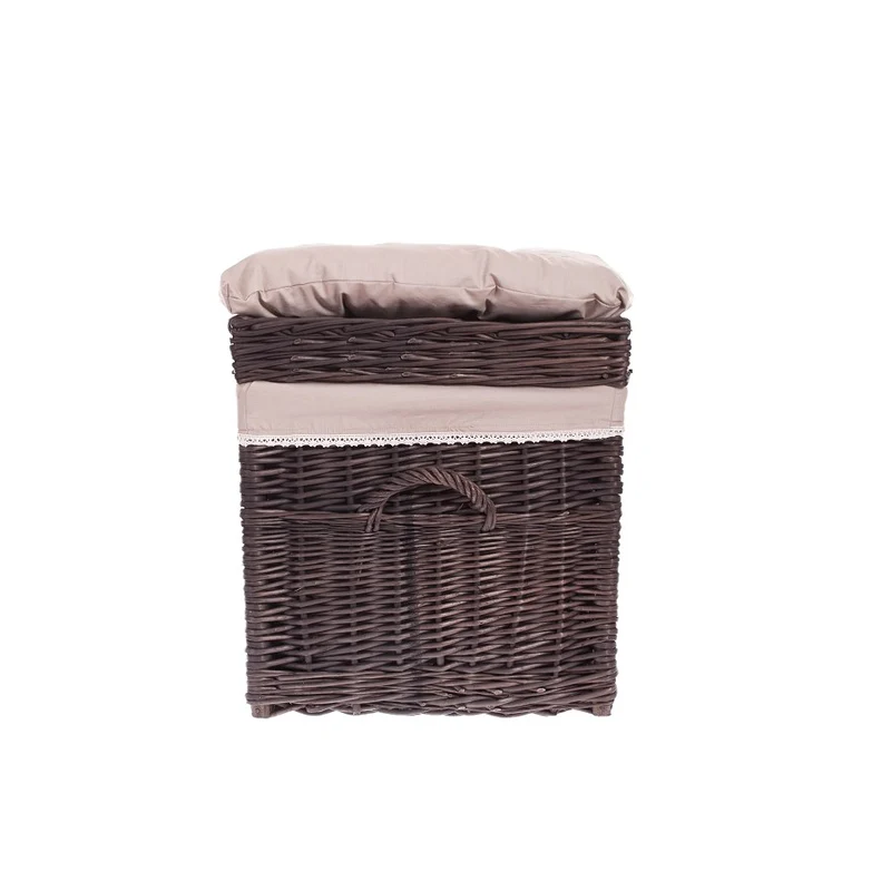 Kogia wicker basket with beige trim, cushion, handles and lid TheWickerStories