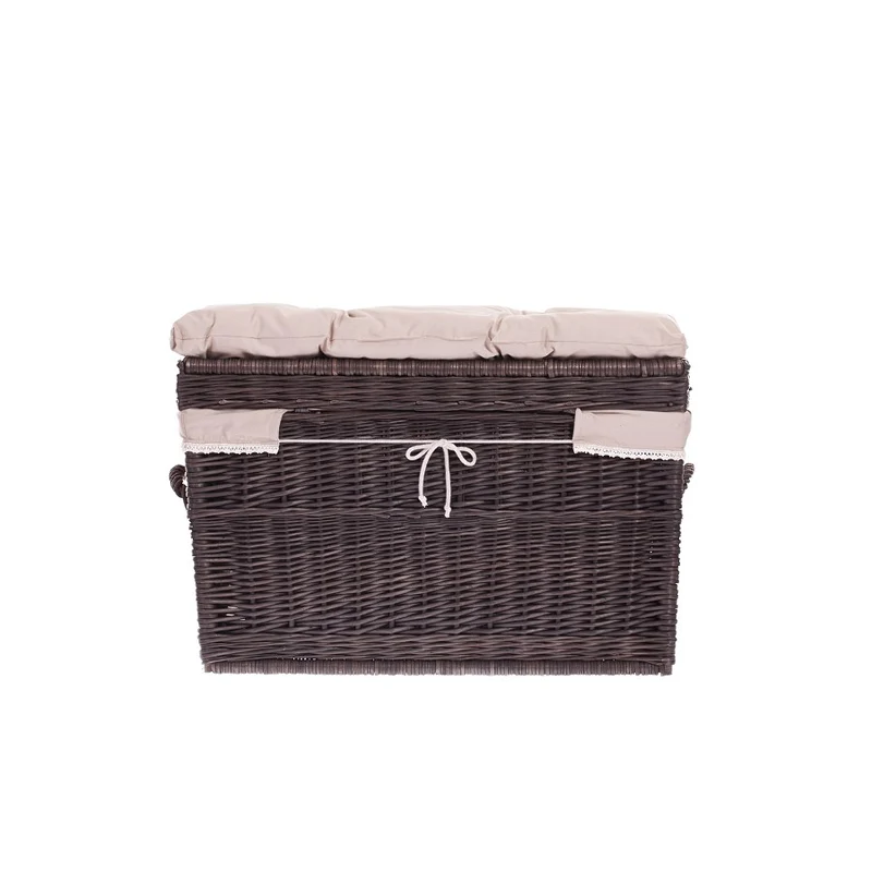 Kogia wicker basket with beige trim, cushion, handles and lid TheWickerStories