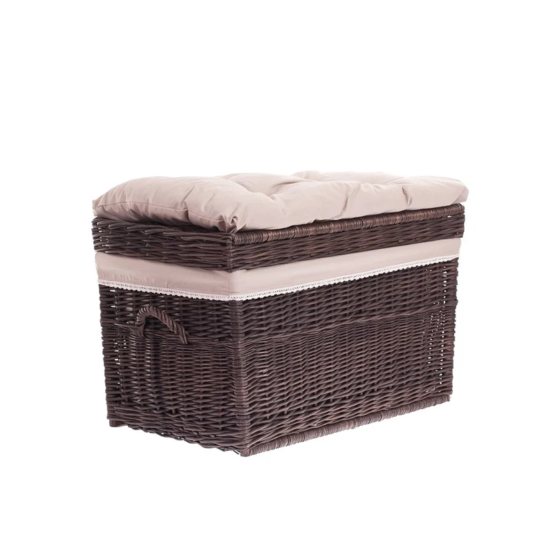 Kogia wicker basket with beige trim, cushion, handles and lid TheWickerStories