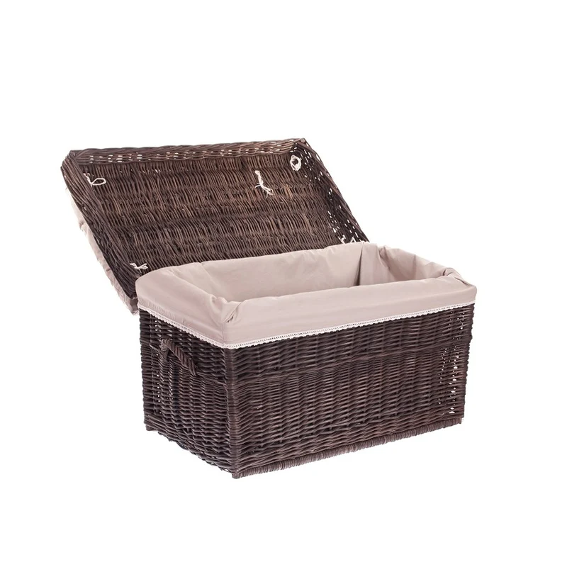 Kogia wicker basket with beige trim, cushion, handles and lid TheWickerStories