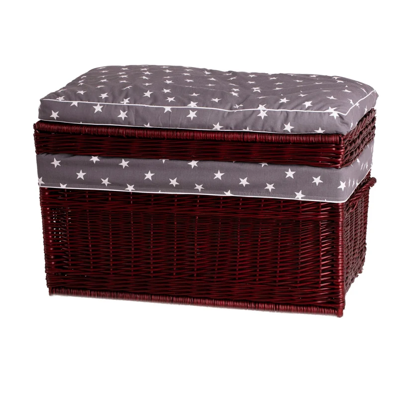 Kogia wicker basket with gray trim, cushion, handles and lid TheWickerStories