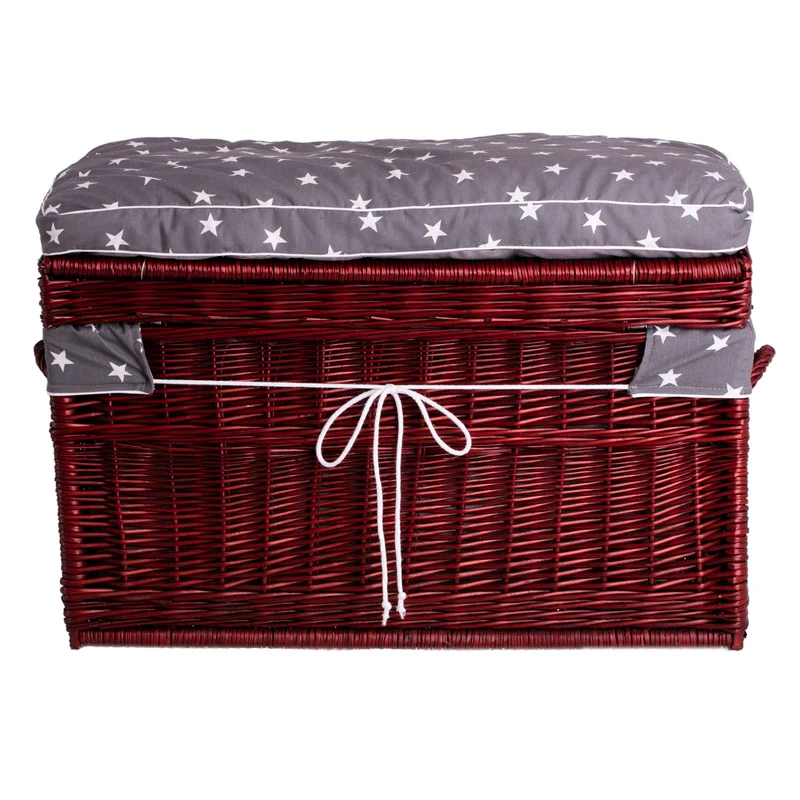 Kogia wicker basket with gray trim, cushion, handles and lid TheWickerStories