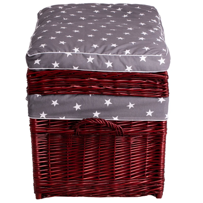 Kogia wicker basket with gray trim, cushion, handles and lid TheWickerStories