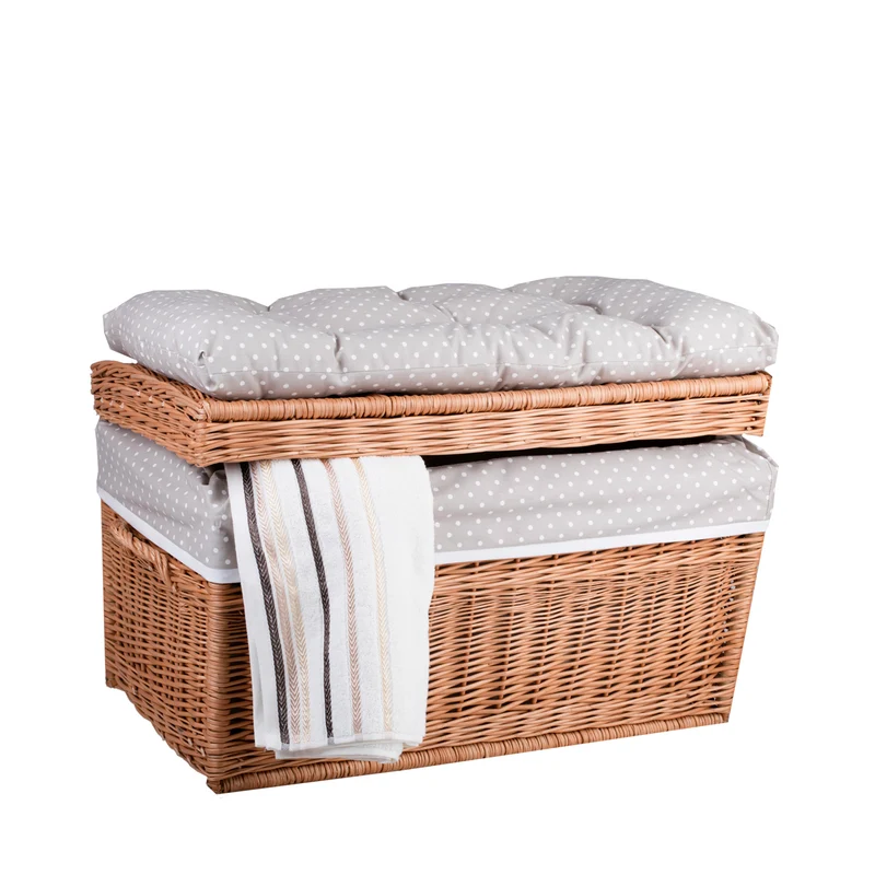 Kogia wicker basket with beige trim, cushion, handles and lid TheWickerStories