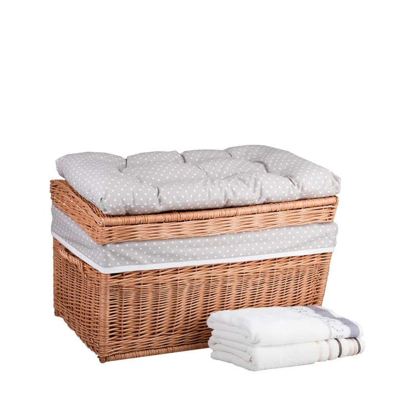 Kogia wicker basket with beige trim, cushion, handles and lid TheWickerStories