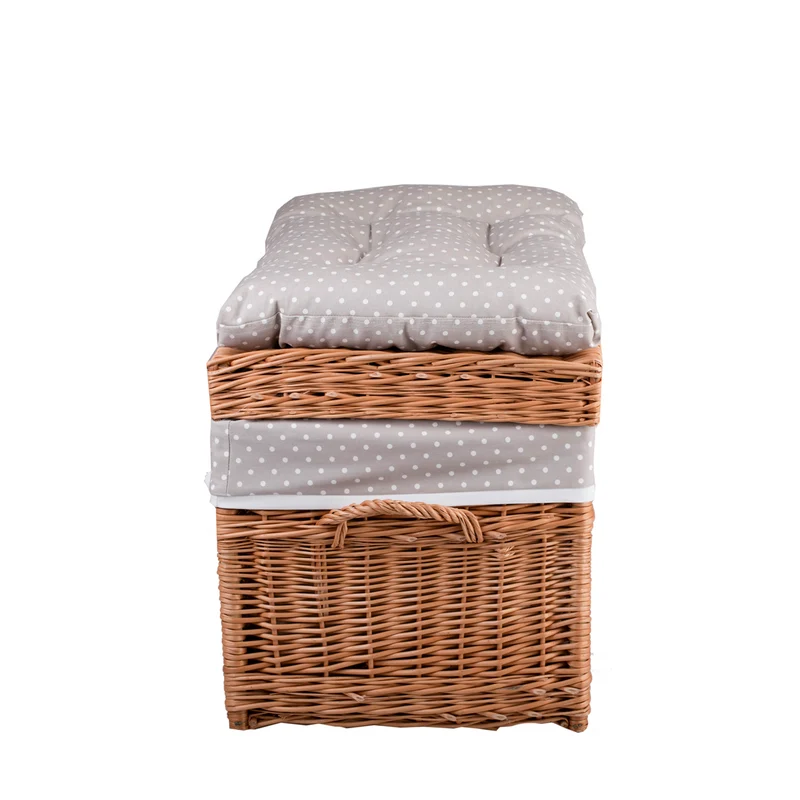 Kogia wicker basket with beige trim, cushion, handles and lid TheWickerStories