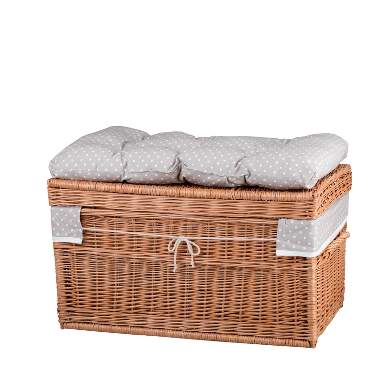 Kogia wicker basket with beige trim, cushion, handles and lid TheWickerStories