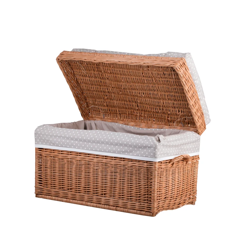 Kogia wicker basket with beige trim, cushion, handles and lid TheWickerStories