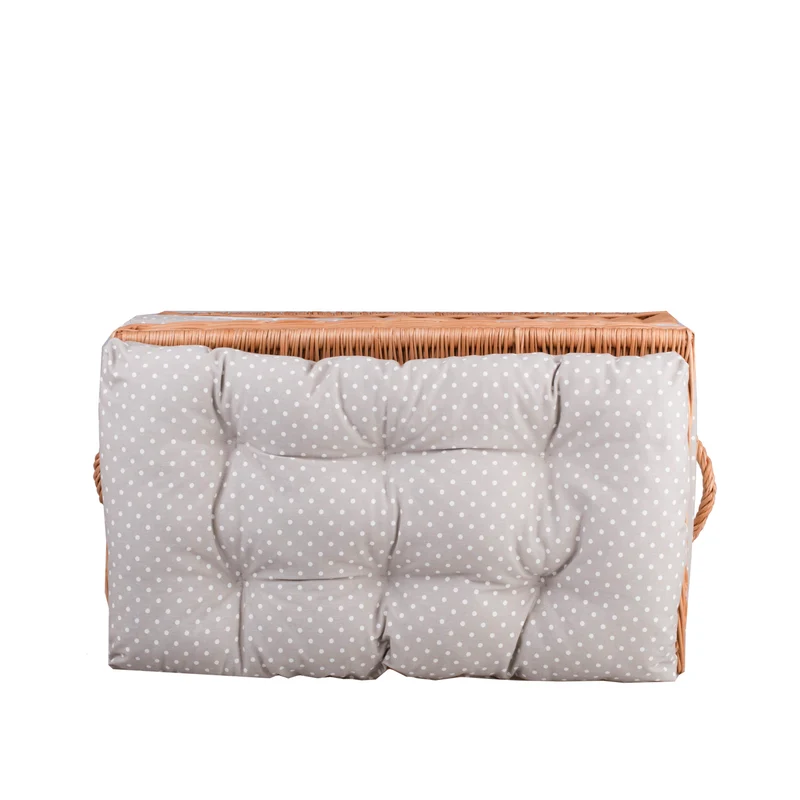 Kogia wicker basket with beige trim, cushion, handles and lid TheWickerStories