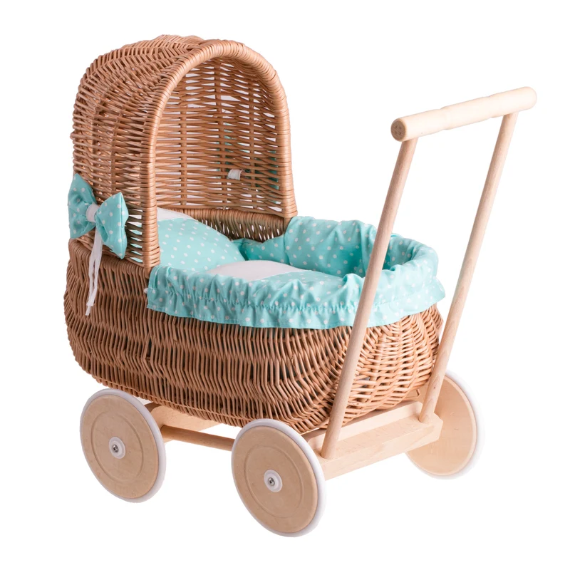 Lala wicker doll stroller with mint trim, quilt and pillow TheWickerStorie