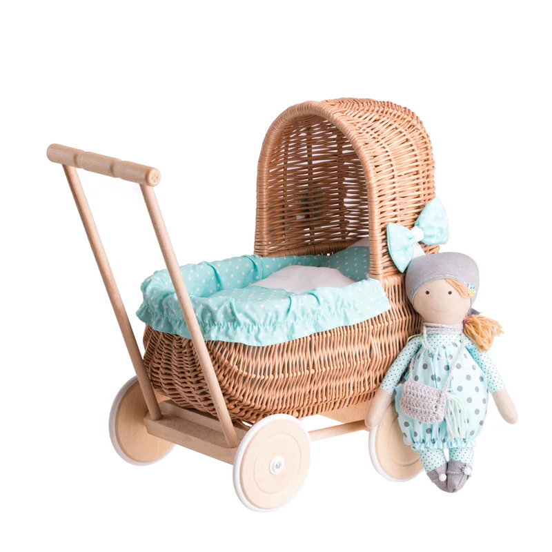 Lala wicker doll stroller with mint trim, quilt and pillow TheWickerStorie