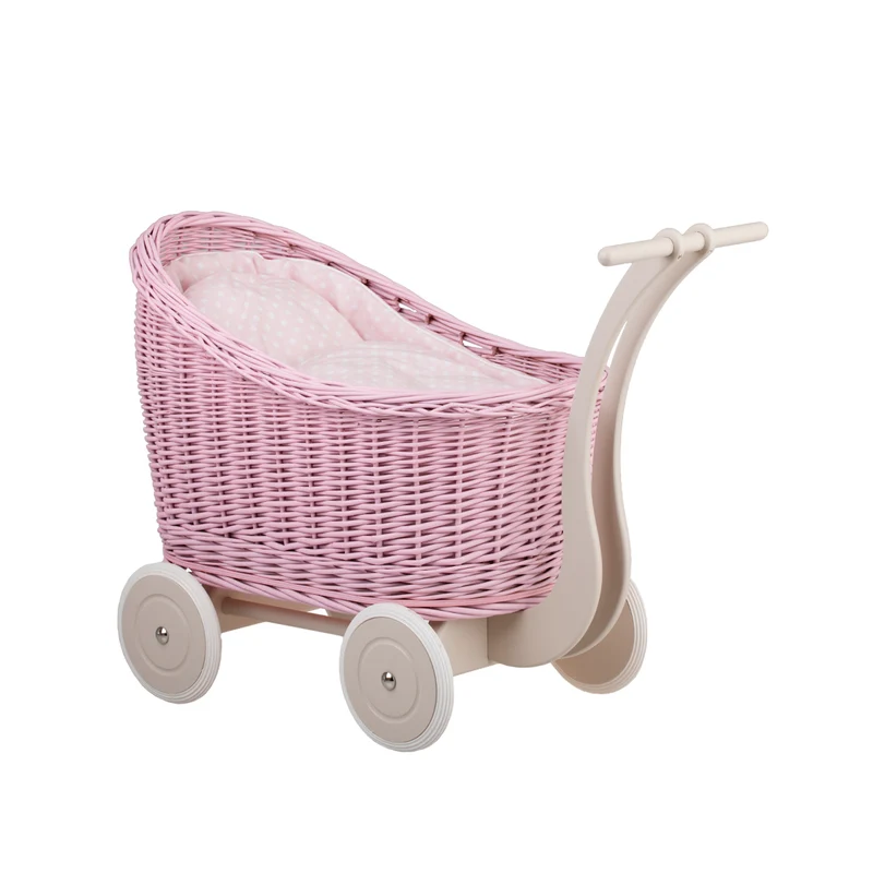 Luna wicker doll stroller with pink trim, blanket, and pillow TheWickerStories