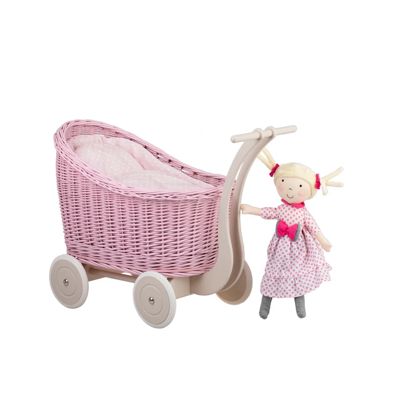 Luna wicker doll stroller with pink trim, blanket, and pillow TheWickerStories