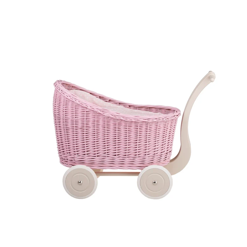 Luna wicker doll stroller with pink trim, blanket, and pillow TheWickerStories