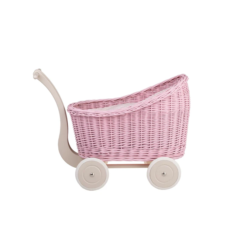 Luna wicker doll stroller with pink trim, blanket, and pillow TheWickerStories