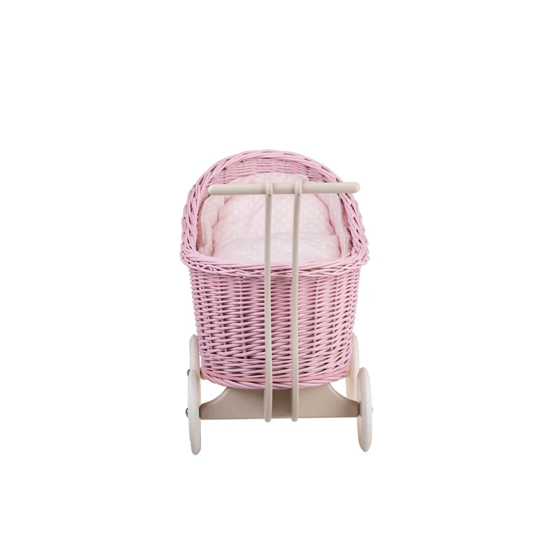 Luna wicker doll stroller with pink trim, blanket, and pillow TheWickerStories