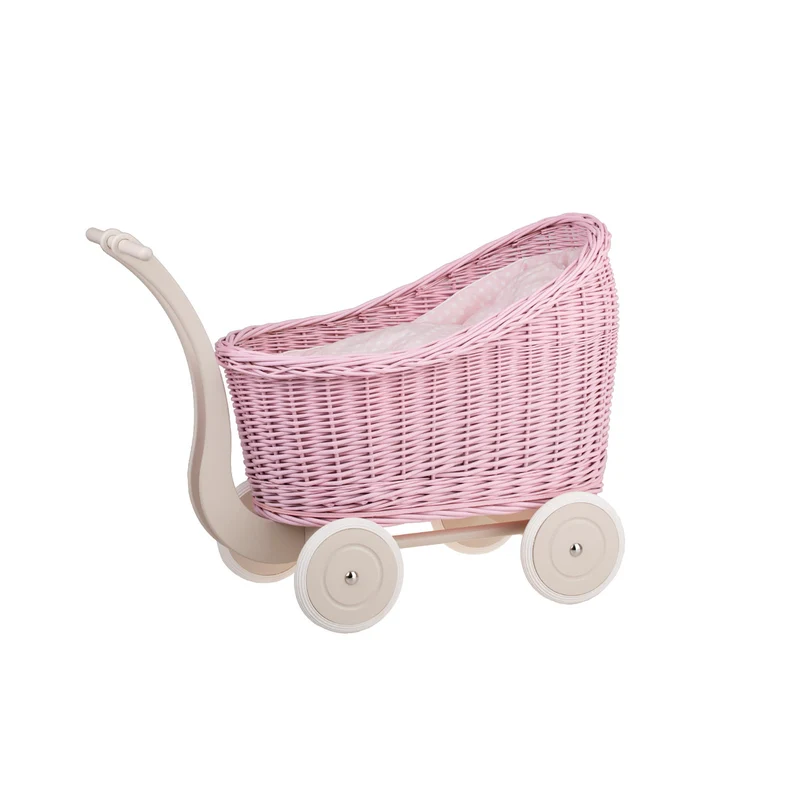 Luna wicker doll stroller with pink trim, blanket, and pillow TheWickerStories
