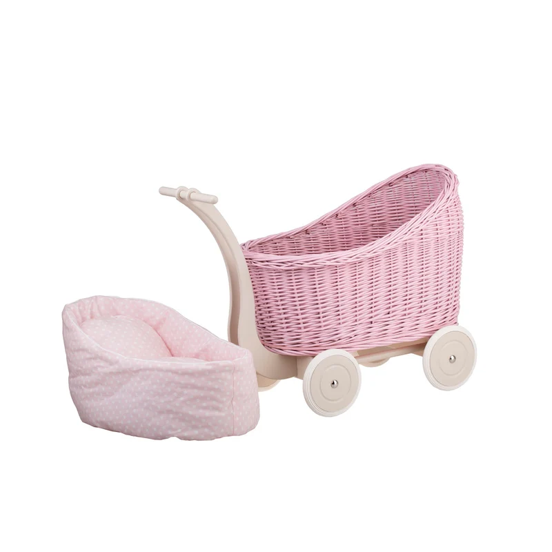 Luna wicker doll stroller with pink trim, blanket, and pillow TheWickerStories