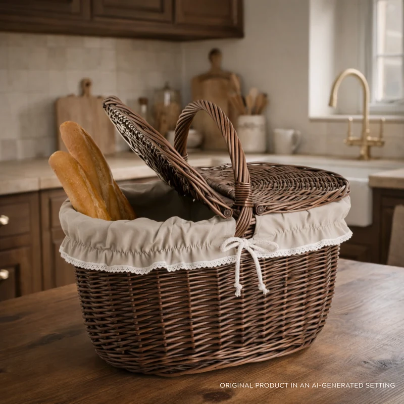 Kastalia wicker picnic basket, shopping basket with handle and lid TheWickerStories