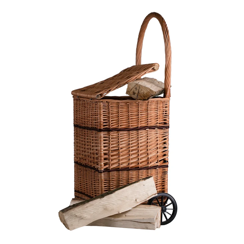 Solette wicker firewood basket with wheels, handle and lid TheWickerStories