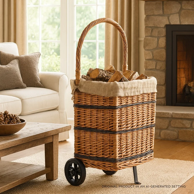 Solette wicker fireplace basket with jute trim, wheels, and handle TheWickerStories