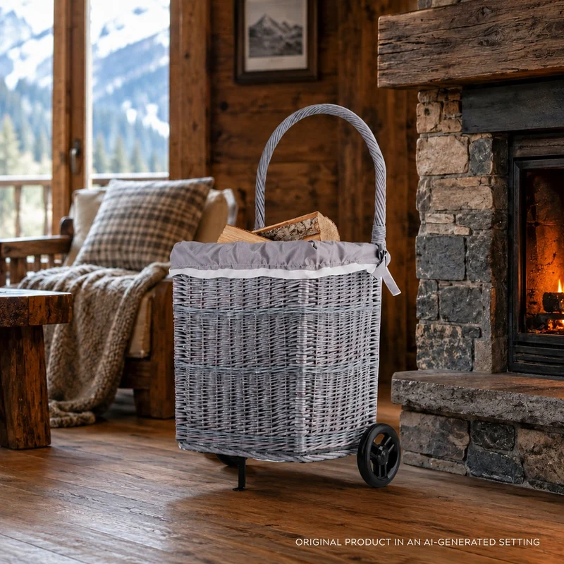 Solette wicker firewood basket with grey lining, wheels and handle TheWickerStories