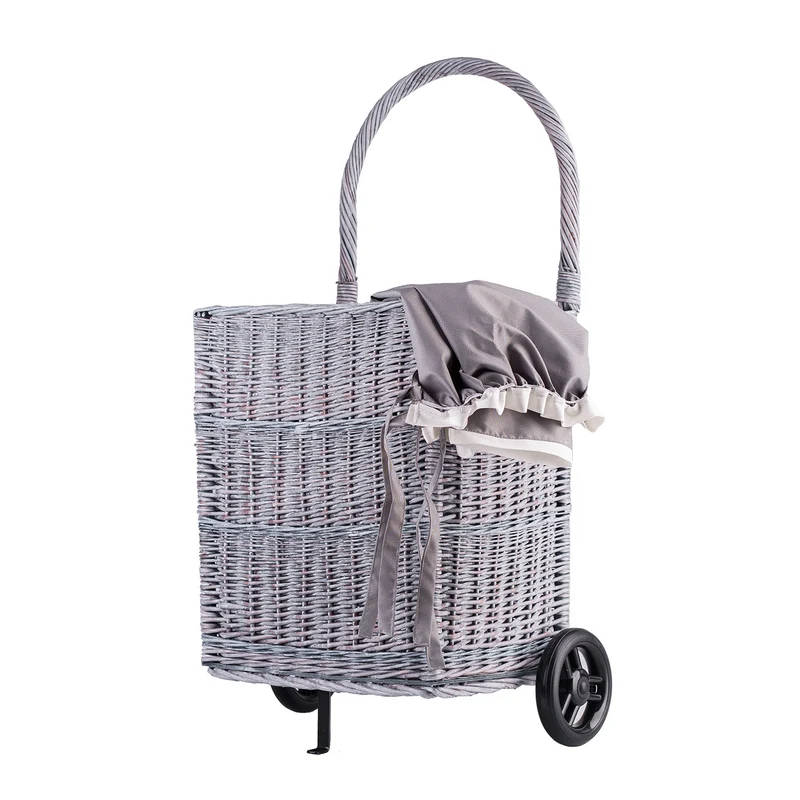 Solette wicker firewood basket with grey lining, wheels and handle TheWickerStories