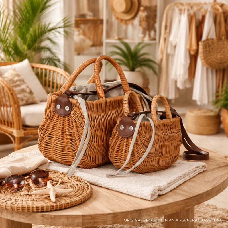 Raja wicker handbag with grey lining and strap TheWickerStories