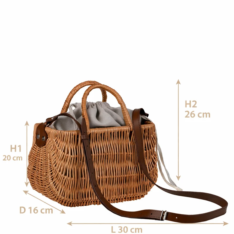 Raja wicker handbag with grey lining and strap TheWickerStories