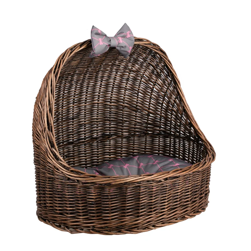 Elsa wicker pet bed basket with grey cushion and bow TheWickerStories