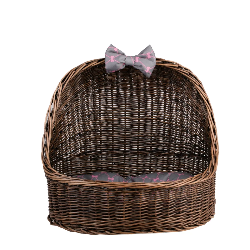 Elsa wicker pet bed basket with grey cushion and bow TheWickerStories