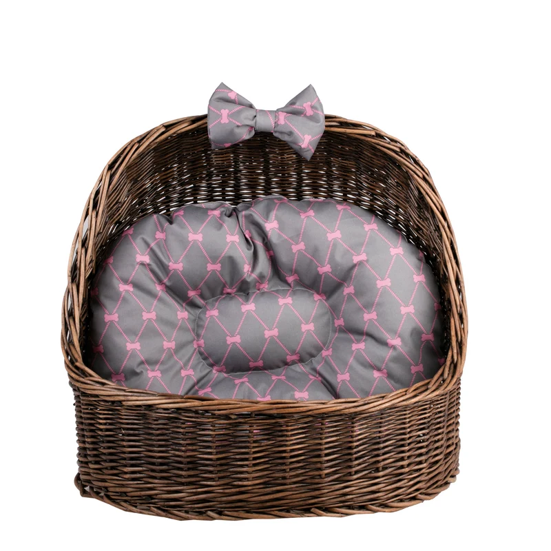 Elsa wicker pet bed basket with grey cushion and bow TheWickerStories
