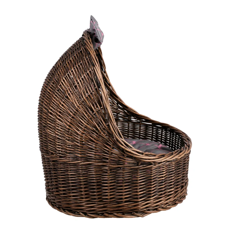 Elsa wicker pet bed basket with grey cushion and bow TheWickerStories